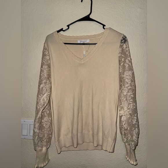 SIANI CRÈME SWEATER LACE, BEADED BALLOON SLEEVES - Size MED- NWT - Picture 10 of 15